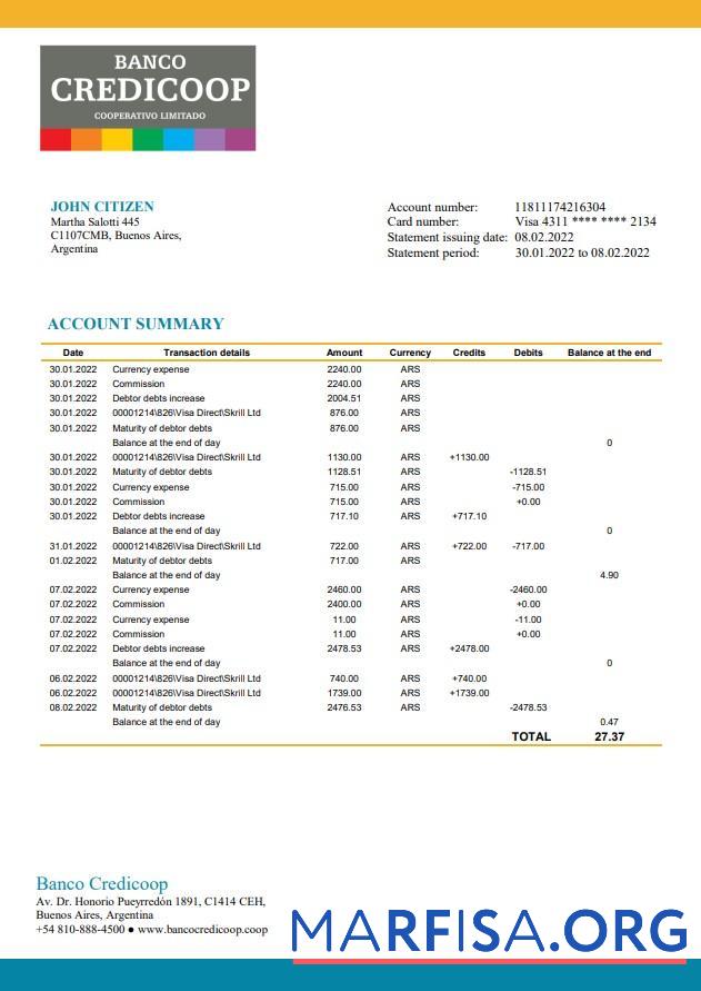 Downloadable Argentina Banco Credicoop bank statement example